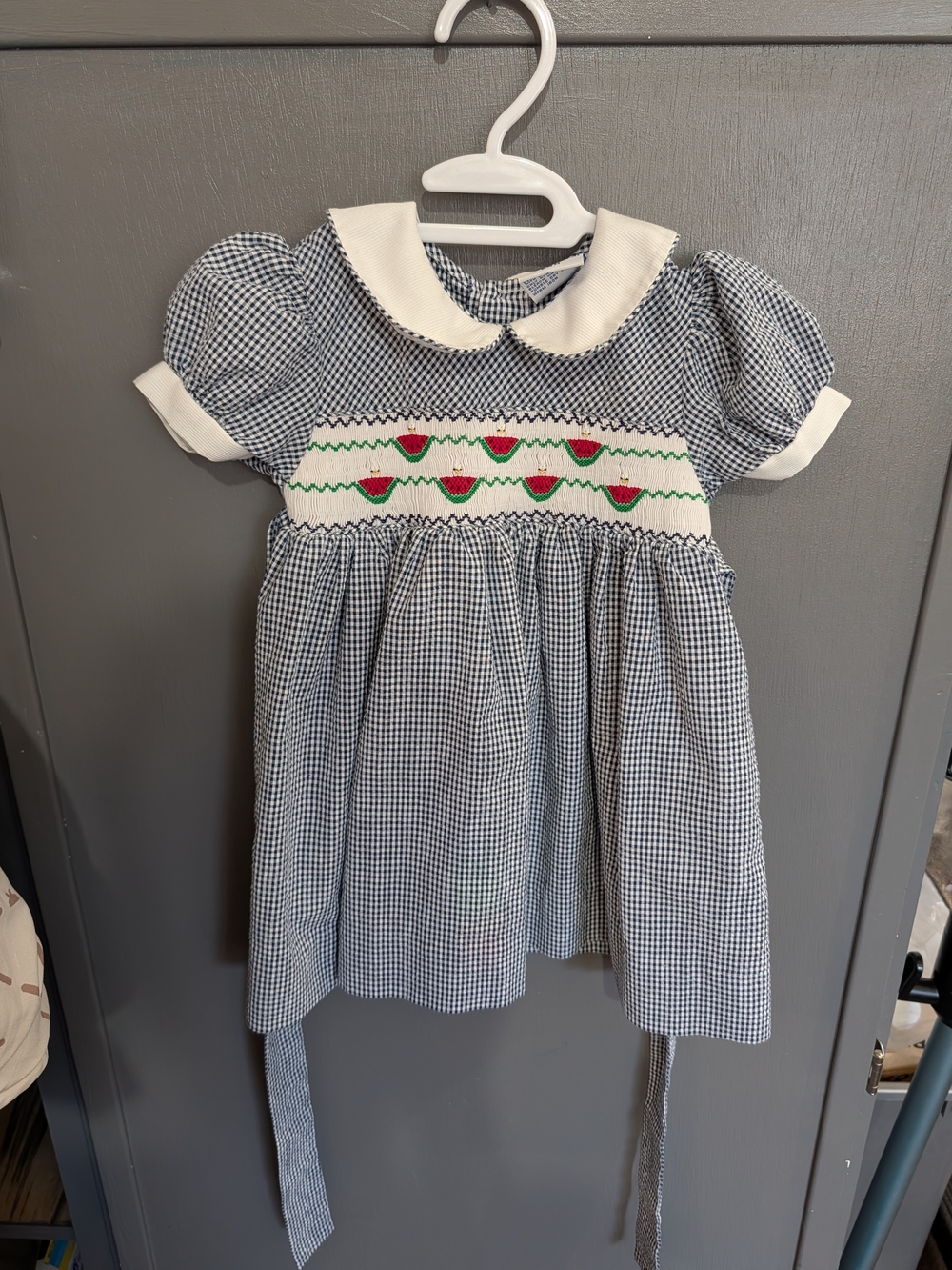Girls Navy Gingham Smocked Watermelon Dress with Peter Pan Collar